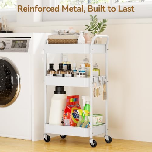 3-Tier Metal Rolling Cart Utility Carts with Wheels White, alternate view 3