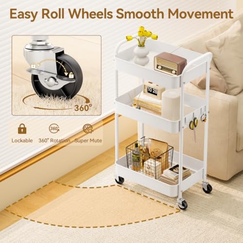 3-Tier Metal Rolling Cart Utility Carts with Wheels White, alternate view 4