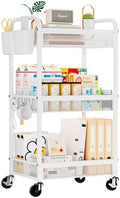 3 Tier Metal Rolling Cart, White Utility Storage Cart with Wheels