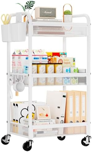 3 Tier Metal Rolling Cart, White Utility Storage Cart with Wheels