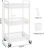 3 Tier Metal Rolling Cart, White Utility Storage Cart with Wheels, alternate view 2