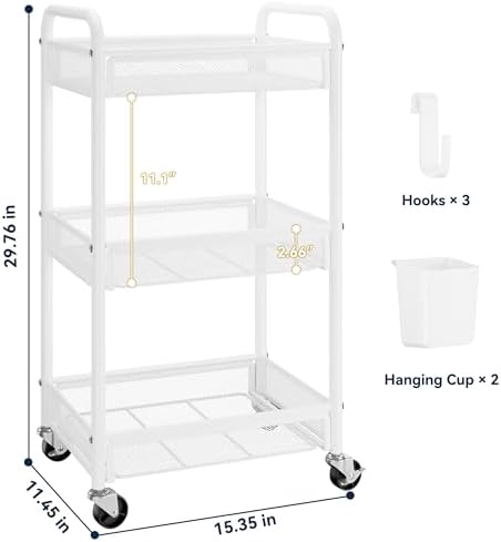 3 Tier Metal Rolling Cart, White Utility Storage Cart with Wheels, alternate view 2