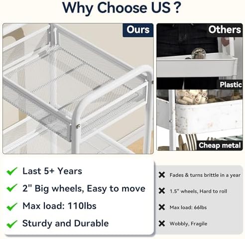 3 Tier Metal Rolling Cart, White Utility Storage Cart with Wheels, alternate view 4