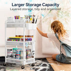 3 Tier Metal Rolling Cart, White Utility Storage Cart with Wheels, alternate view 6