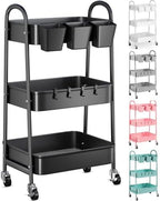 3 Tier Metal Rolling Cart with Lockable Wheels, Black Three Tiered Art Carts
