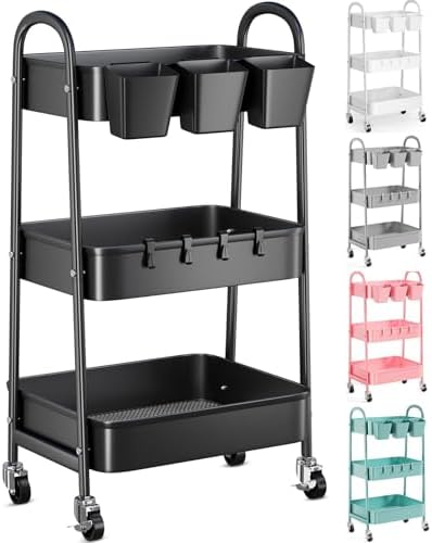 3 Tier Metal Rolling Cart with Lockable Wheels, Black Three Tiered Art Carts