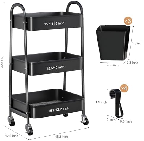 3 Tier Metal Rolling Cart with Lockable Wheels, Black Three Tiered Art Carts, alternate view 3