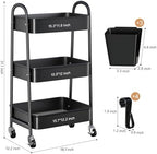 3 Tier Metal Rolling Cart with Lockable Wheels, Black Three Tiered Art Carts, alternate view 3