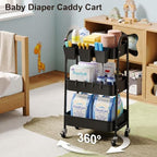 3 Tier Metal Rolling Cart with Lockable Wheels, Black Three Tiered Art Carts, alternate view 4