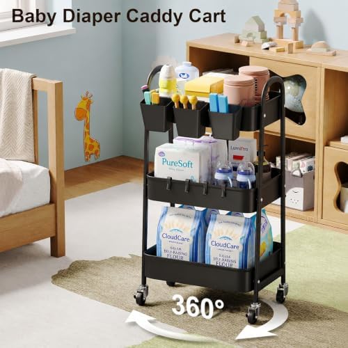 3 Tier Metal Rolling Cart with Lockable Wheels, Black Three Tiered Art Carts, alternate view 4