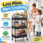 3 Tier Metal Rolling Cart with Lockable Wheels, Black Three Tiered Art Carts, alternate view 5