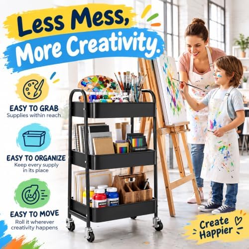3 Tier Metal Rolling Cart with Lockable Wheels, Black Three Tiered Art Carts, alternate view 5