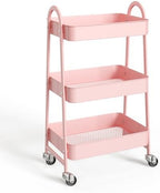 3-Tier Metal Rolling Cart with Lockable Wheels, Heavy Duty Mobile Utility Storage Shelf, Roller Book Snack Cart