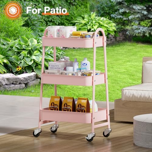 3-Tier Metal Rolling Cart with Lockable Wheels, Heavy Duty Mobile Utility Storage Shelf, Roller Book Snack Cart, alternate