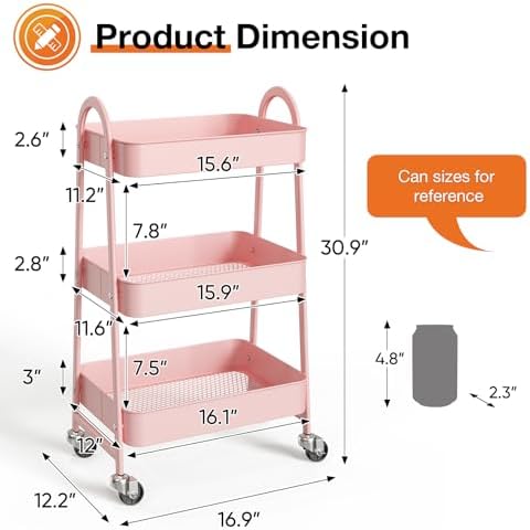 3-Tier Metal Rolling Cart with Lockable Wheels, Heavy Duty Mobile Utility Storage Shelf, Roller Book Snack Cart, alternate