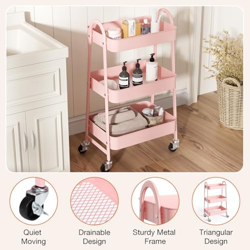 3-Tier Metal Rolling Cart with Lockable Wheels, Heavy Duty Mobile Utility Storage Shelf, Roller Book Snack Cart, alternate