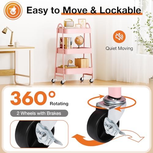 3-Tier Metal Rolling Cart with Lockable Wheels, Heavy Duty Mobile Utility Storage Shelf, Roller Book Snack Cart, alternate