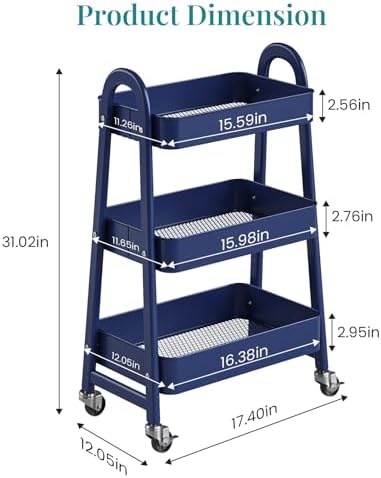 3-Tier Metal Rolling Storage Utility Cart with Lockable Wheels, alternate view 2