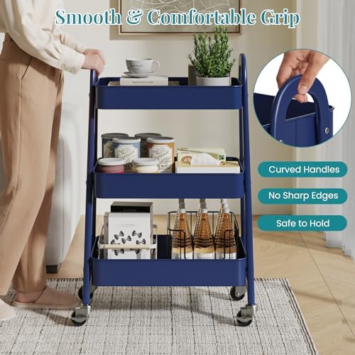 3-Tier Metal Rolling Storage Utility Cart with Lockable Wheels, alternate view 4