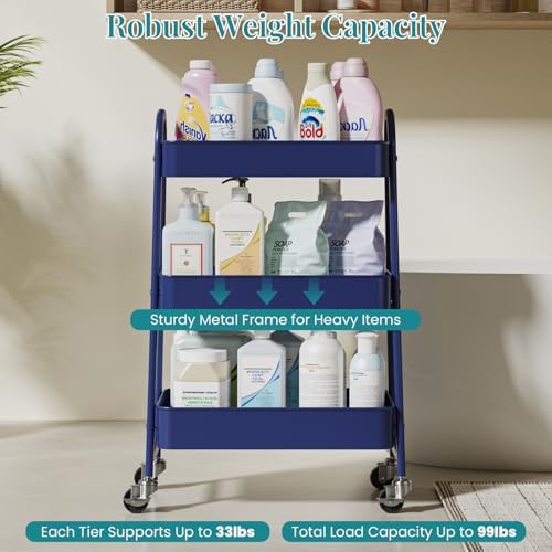 3-Tier Metal Rolling Storage Utility Cart with Lockable Wheels, alternate view 5