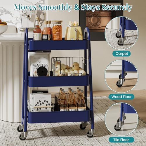 3-Tier Metal Rolling Storage Utility Cart with Lockable Wheels, alternate view 6