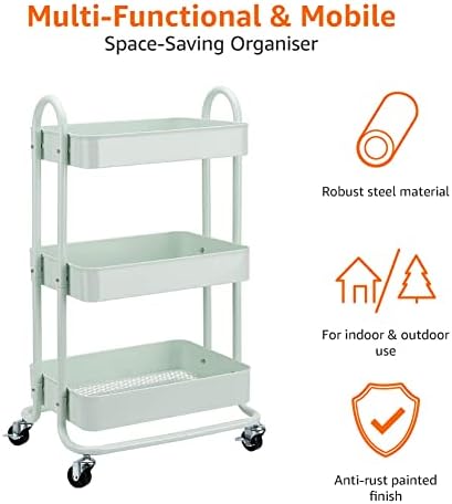 3-Tier Metal Rolling Utility Cart, Storage Organizer, Multi-Functional Kitchen Island Cart, Portable Shelving, alternate view