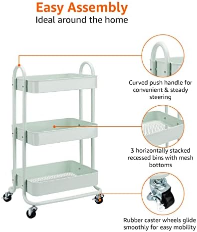 3-Tier Metal Rolling Utility Cart, Storage Organizer, Multi-Functional Kitchen Island Cart, Portable Shelving, alternate view