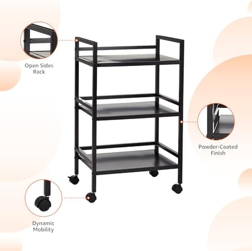 3-Tier Metal Rolling Utility Cart, Storage Organizer, Multifunctional Storage, Mobile Shelving, Black in Black, alternate