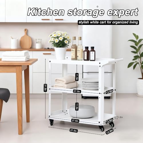 3 Tier Metal Utility Rolling Cart with Wheels, White in White, alternate view 3