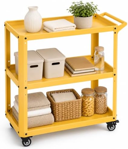 3 Tier Metal Utility Rolling Cart with Wheels, Yellow