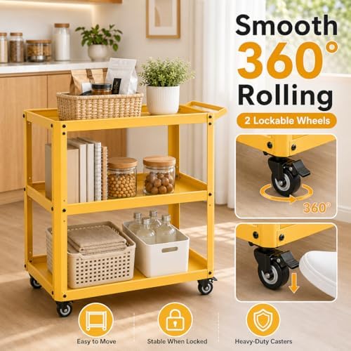 3 Tier Metal Utility Rolling Cart with Wheels, Yellow, alternate view 2