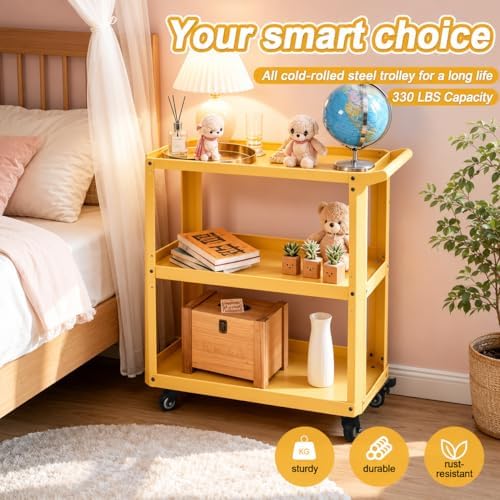 3 Tier Metal Utility Rolling Cart with Wheels, Yellow, alternate view 5