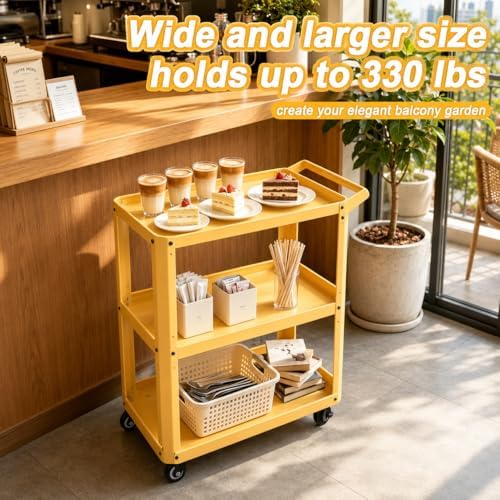 3 Tier Metal Utility Rolling Cart with Wheels, Yellow, alternate view 6