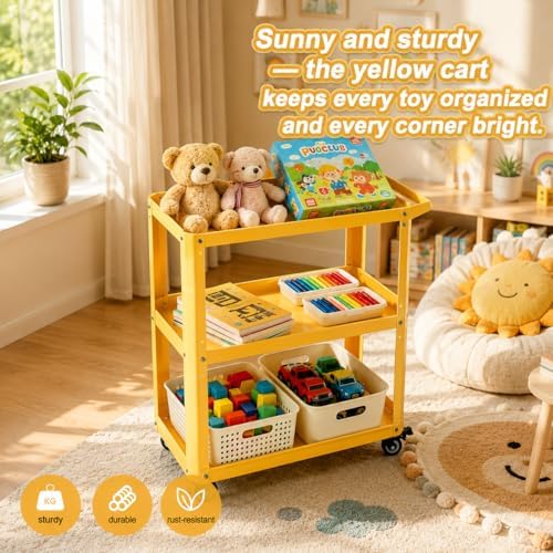 3 Tier Metal Utility Rolling Cart with Wheels, Yellow, alternate view 7