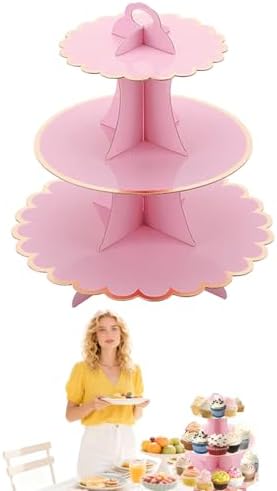 3 Tier Pink Cupcake Stand, Cupcake Stand Cardboard - Easy to Assemble& Reusable(Bronzing Pink) in Bronzing Pink