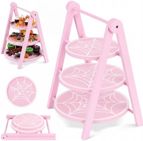 3 Tier Pink Spiderweb Serving Tray, 12"/10"/8" Halloween Wooden Plates with 15" Collapsible Ladder Stand