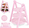 3 Tier Pink Spiderweb Serving Tray, 12"/10"/8" Halloween Wooden Plates with 15" Collapsible Ladder Stand