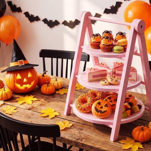 3 Tier Pink Spiderweb Serving Tray, 12"/10"/8" Halloween Wooden Plates with 15" Collapsible Ladder Stand, alternate view 2