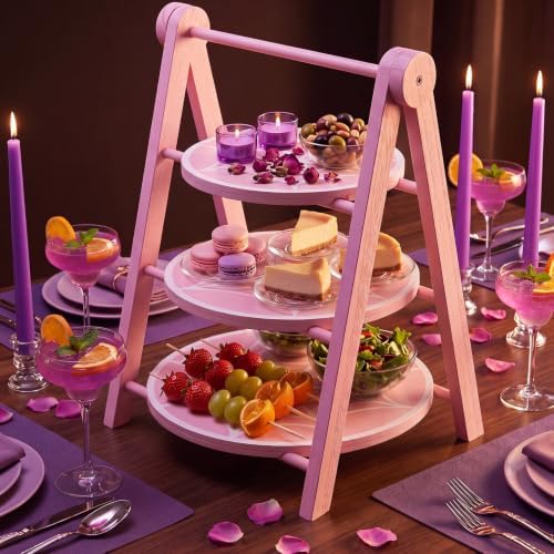 3 Tier Pink Spiderweb Serving Tray, 12"/10"/8" Halloween Wooden Plates with 15" Collapsible Ladder Stand, alternate view 5