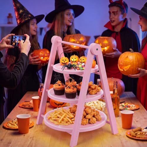 3 Tier Pink Spiderweb Serving Tray, 12"/10"/8" Halloween Wooden Plates with 15" Collapsible Ladder Stand, alternate view 6