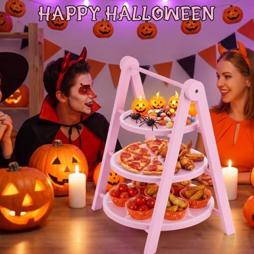 3 Tier Pink Spiderweb Serving Tray, 12"/10"/8" Halloween Wooden Plates with 15" Collapsible Ladder Stand, alternate view 7