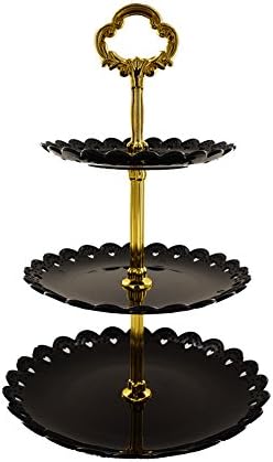 3-Tier Plastic Cake Stand Dessert Stand Cupcake Stand Tea Party Serving Platter Black Gold in Black