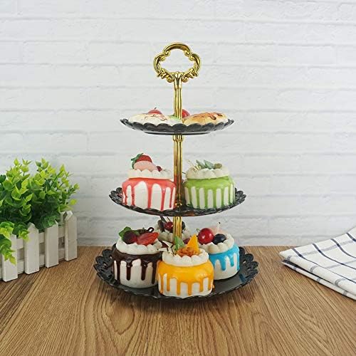 3-Tier Plastic Cake Stand Dessert Stand Cupcake Stand Tea Party Serving Platter Black Gold in Black, alternate view 2
