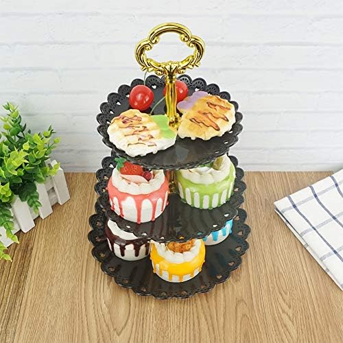 3-Tier Plastic Cake Stand Dessert Stand Cupcake Stand Tea Party Serving Platter Black Gold in Black, alternate view 3