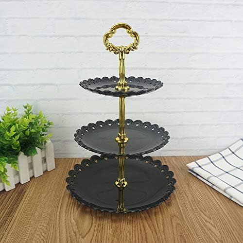 3-Tier Plastic Cake Stand Dessert Stand Cupcake Stand Tea Party Serving Platter Black Gold in Black, alternate view 4