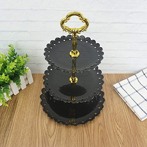 3-Tier Plastic Cake Stand Dessert Stand Cupcake Stand Tea Party Serving Platter Black Gold in Black, alternate view 5