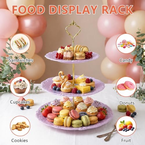 3 Tier Plastic Cake Stand Tiered Serving Embossed Stand Reusable Food Serving Platter Dessert Cupcake Holder for, alternate