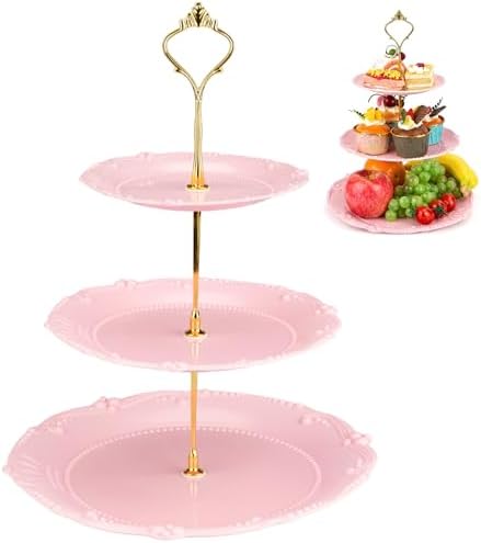3 Tier Plastic Cake Stand Tiered Serving Embossed Stand Reusable Food Serving Platter Dessert Cupcake Holder for