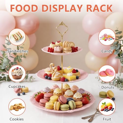 3 Tier Plastic Cake Stand Tiered Serving Embossed Stand Reusable Food Serving Platter Dessert Cupcake Holder for, alternate
