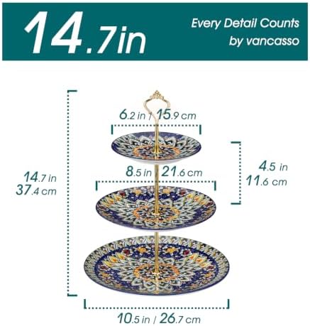 3 Tier Porcelain Cupcake Stand, Tiered Seving Tray with Gold Rod in Verdant Jewel, alternate view 3